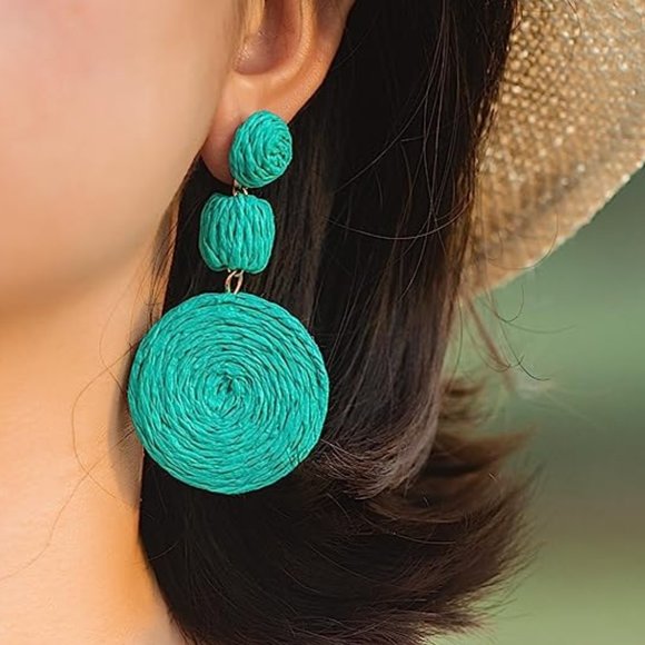 Chunky Teal Raffia Earrings Wicker Retro Statement Wicker Dangle Beach Vacation - Picture 6 of 9
